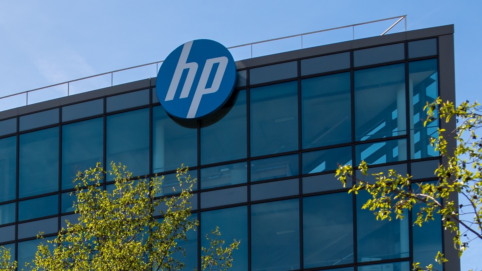 HP logo on building.