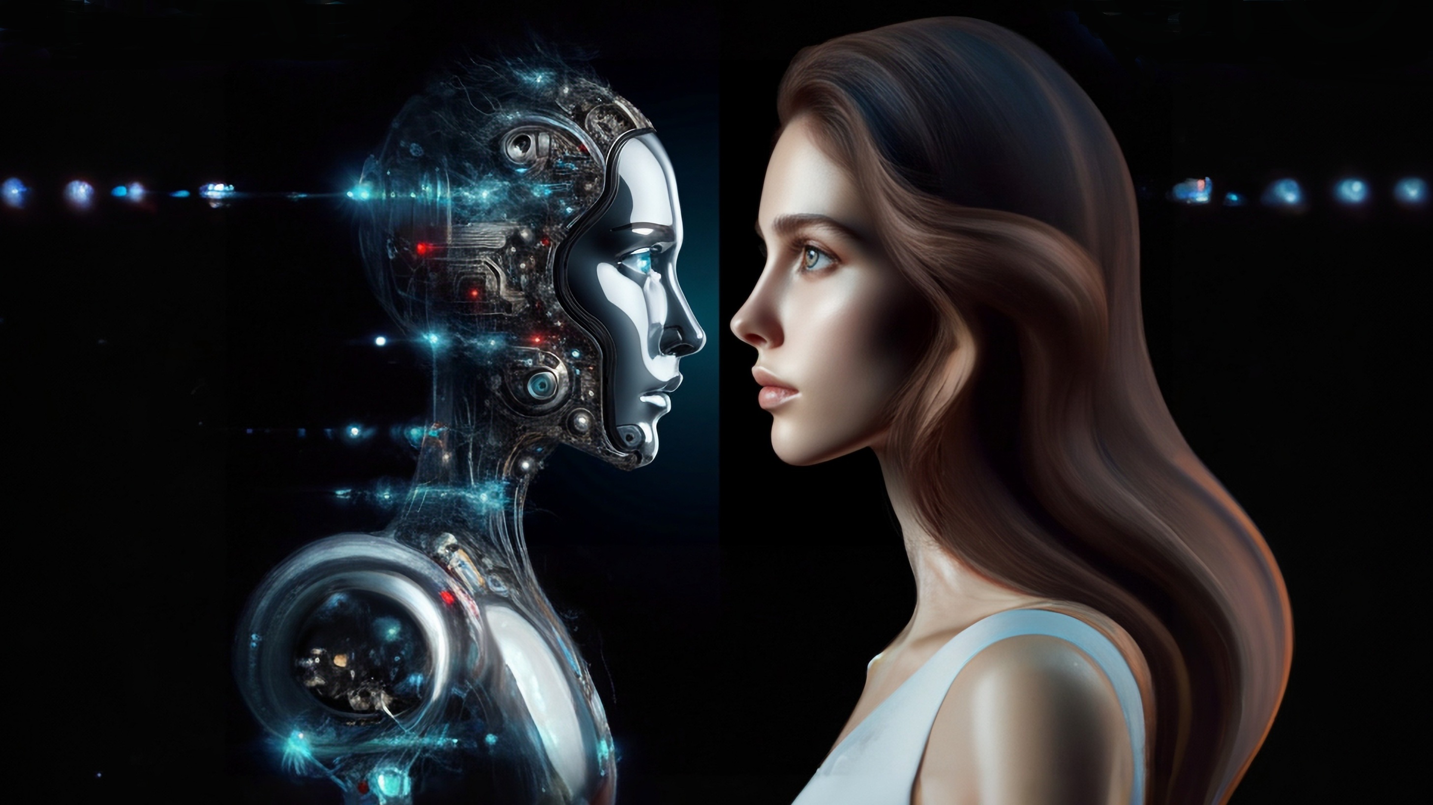 A human woman looking at an avatar version of herself.