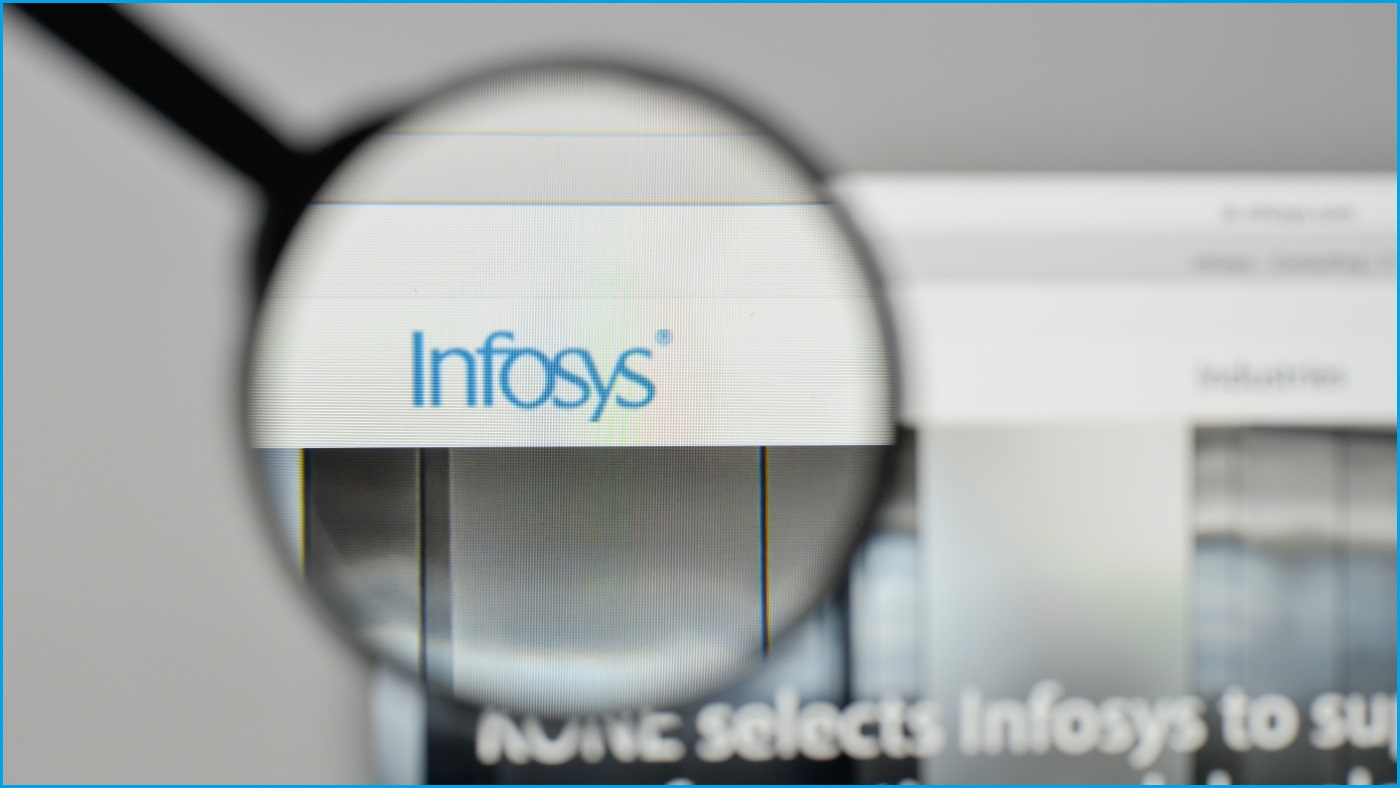 A close up of a magnifying glass examining the Infosys logo on the Infosys website.