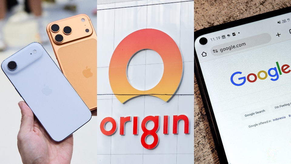 A composite of three images: The first of someone's hand holding an iPhone Air and an iPhone 17 Pro, the second of the Origin Energy logo on a building, and the third a close up of a smartphone showing the Google seach page.