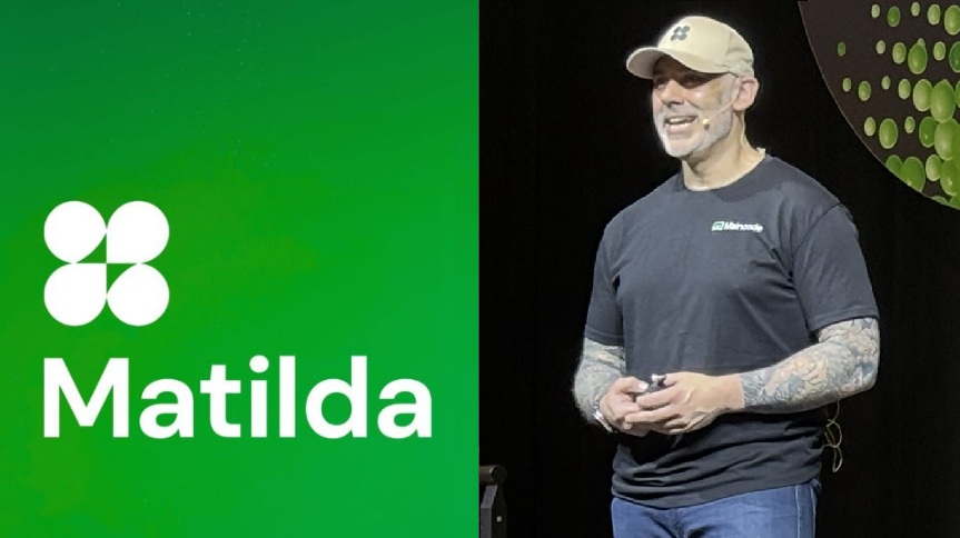 The Maincode logo and the word 'Matilda' next to a photo of Dave Lemphers standing and presenting a speech at SXSW Sydney.