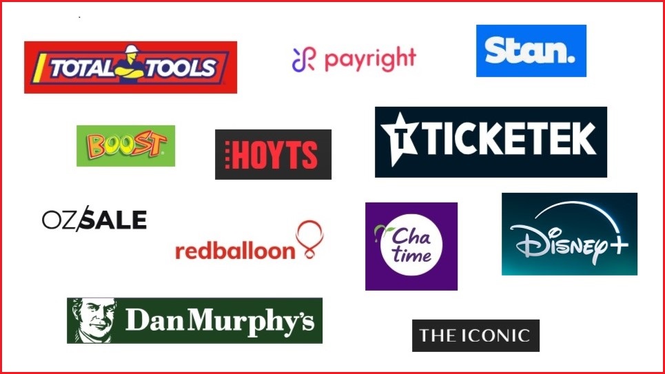 Logos of several businesses including Boost Juice, Ticketek, Total Tools, and The Iconic.