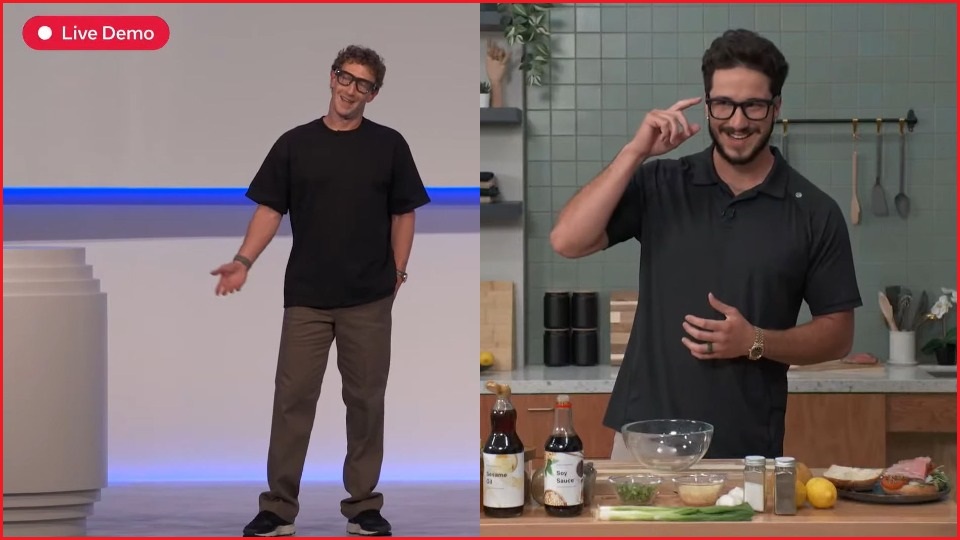 Two images: The first of Mark Zuckerberg standing on a stage giving a keynote speech, the second a man wearing smart glasses standing in a kitchen and pointing to the glasses in confusion.