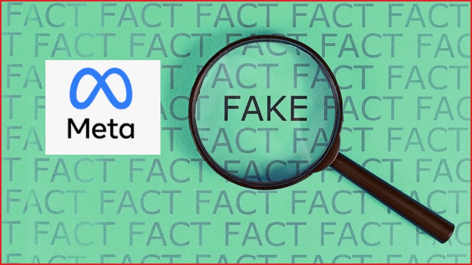 The words fact and fake under a microscope next to the Meta logo.