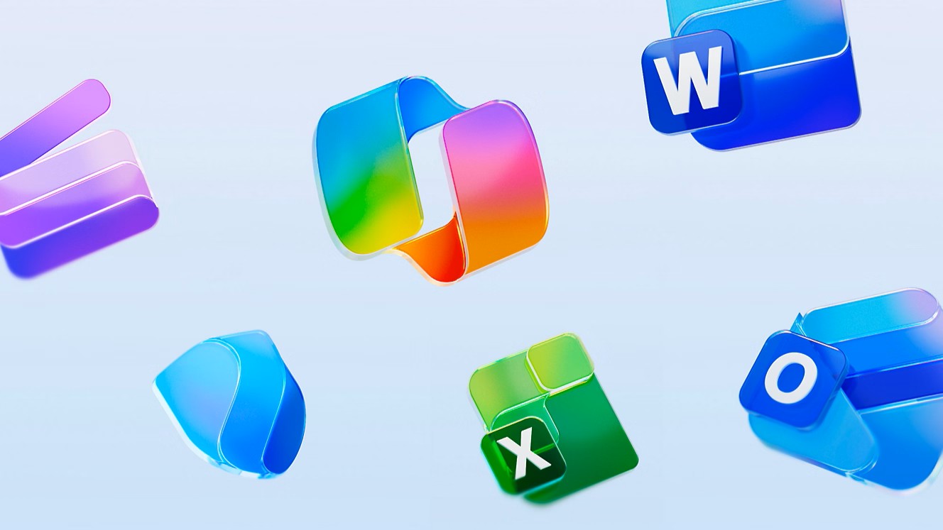 An illustration of six Microsoft 365 app icons floating, including Copilot, Word, Excel and Outlook.