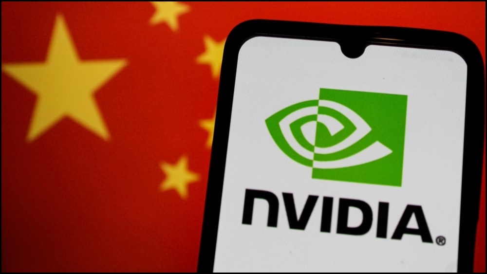 Nvidia logo on a phone screen, on the backdrop of the Chinese flag.