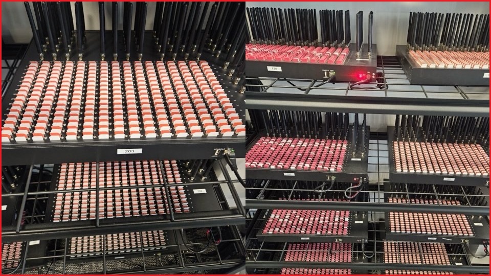 Two close-up images next to each other, both showing rows of SIM boxes on racks holding thousands of tiny SIM cards.