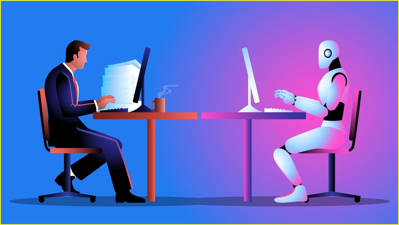 An illustration showing a man working at a computer with a pile of papers next to him. Opposite him is a robot using a computer with no papers next to it.