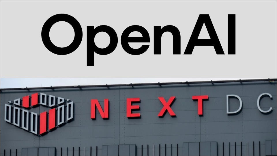 A composite image of the OpenAI logo, above the image of the NEXTDC logo on the top of a building.