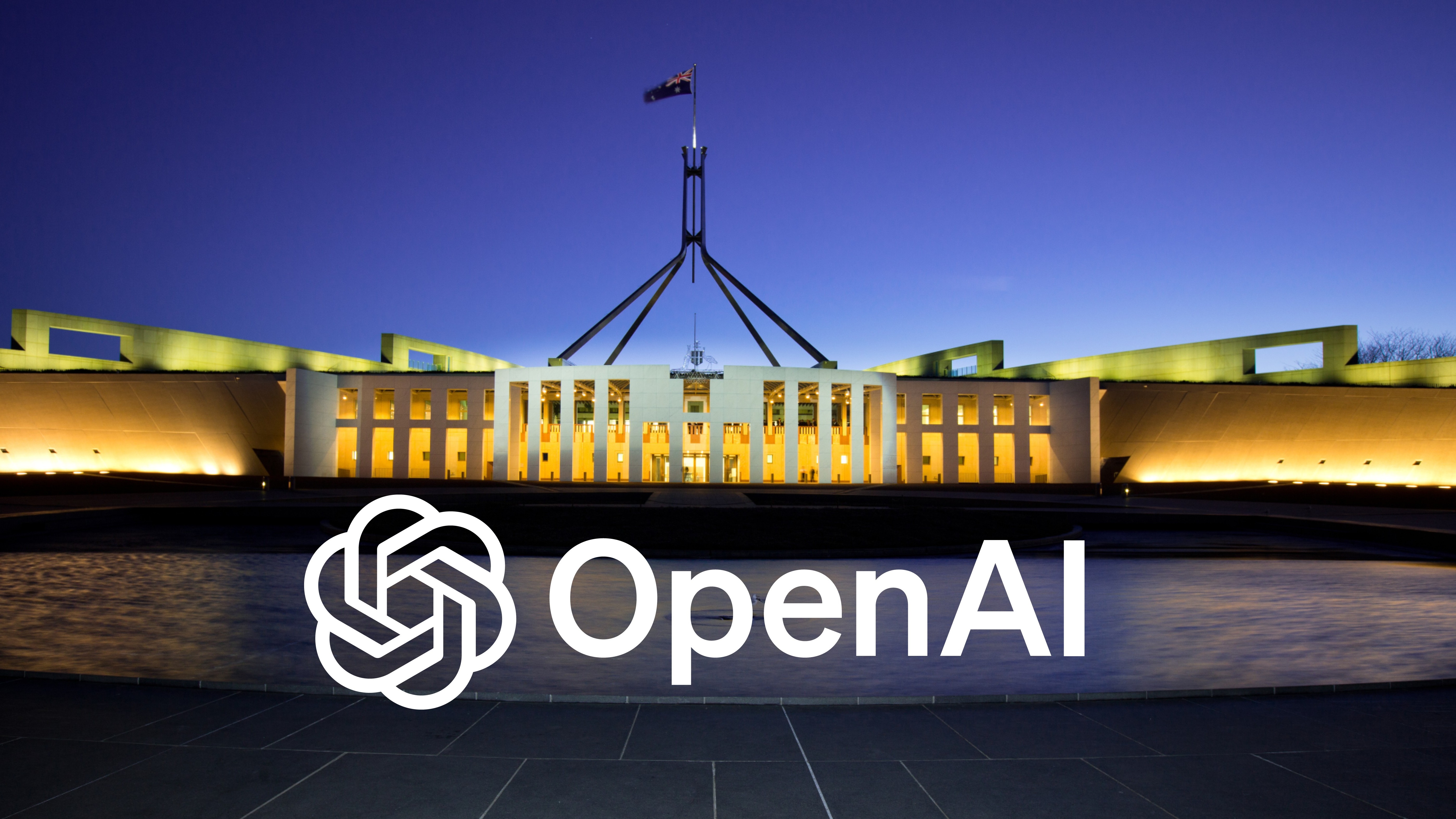 OpenAI logo superimposed on an evening shot of Parliament House, Canberra