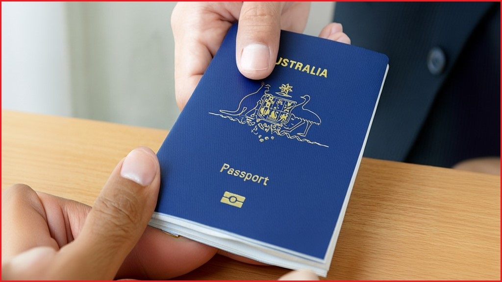 One hand passing a passport to another over a counter.