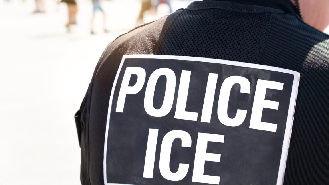 A close up of the back of a person wearing clothing with a large 'POLICE ICE' logo on their back.