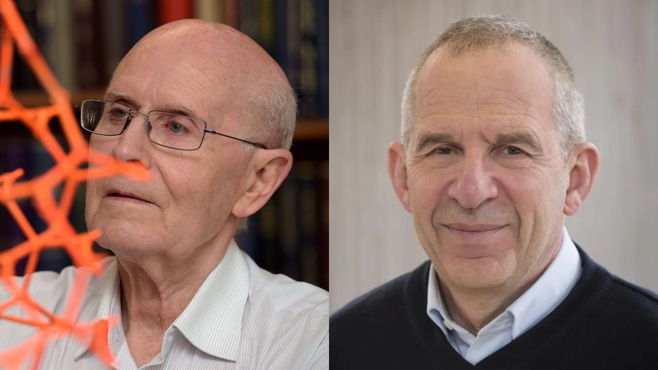 Two close-up shots: The first of Richard Robson wearing glasses and looking at a molecule model, the second of Michel Devoret smiling slightly.