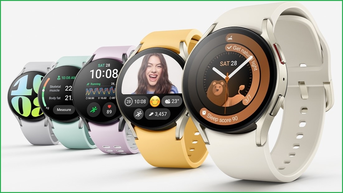 A marketing image showing five Samsung Galaxy Watch6 models standing next to each other, in different colours.