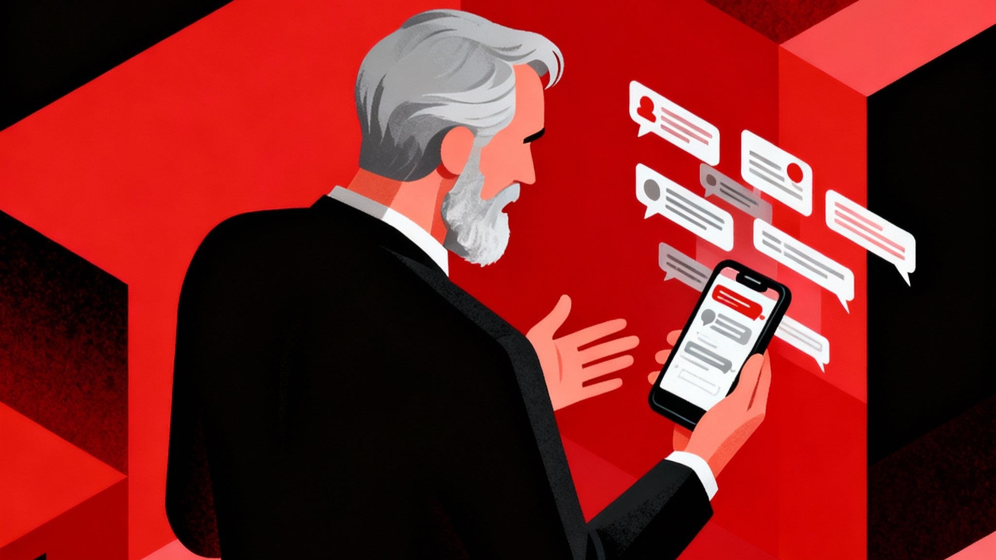 An AI-generated illustration of a middle-aged white man with a beard holding a mobile phone and gesturing in frustration as many message notifications pop up on the phone and around it.