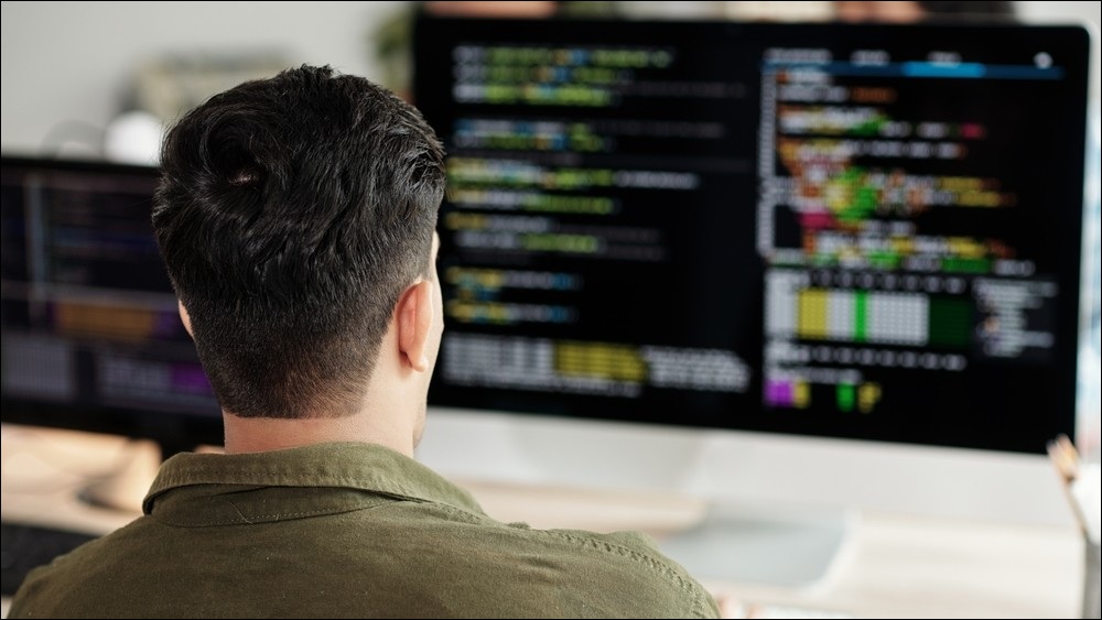 Man looking at a screen of code, shot from behind.