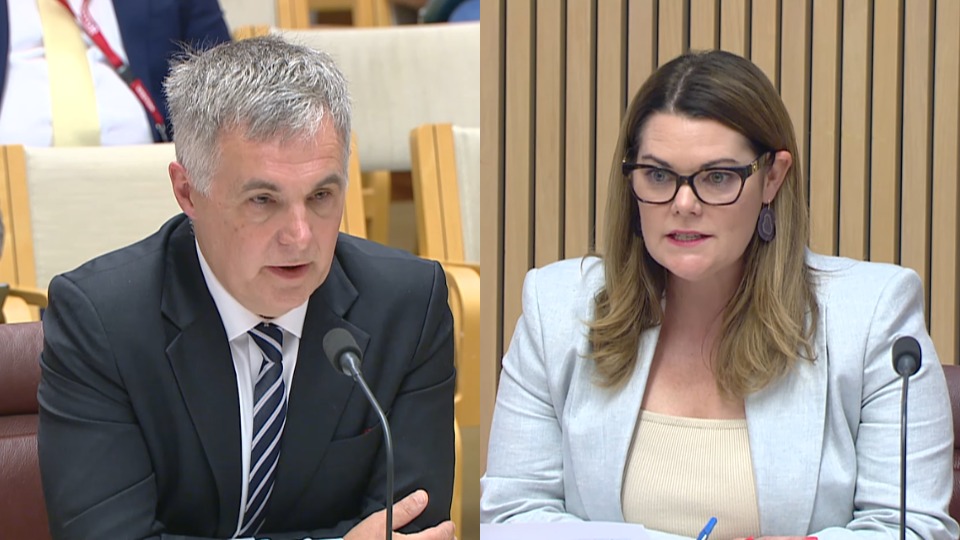 A photo of Stephen Rue in a suit sitting and speaking into a microphone, next to a photo of Sarah Hanson-Young sitting and sternly watching.