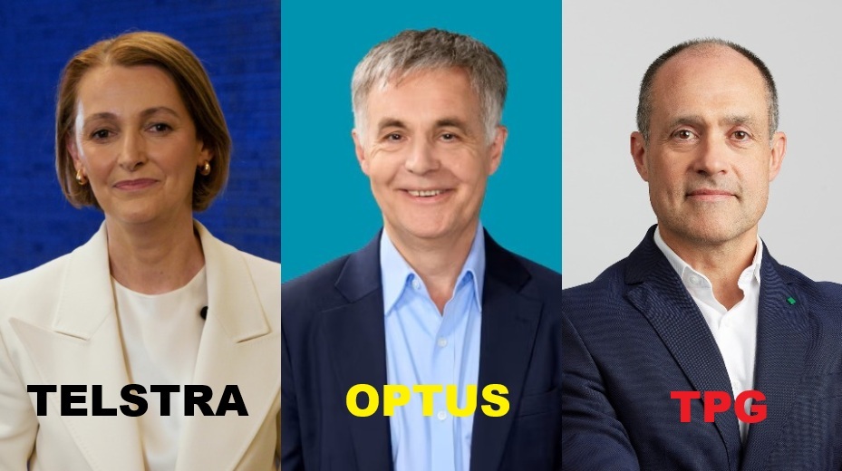 Three images: Telstra CEO Vicki Brady, Optus CEO Stephen Rue, and TPG CEO Iñaki Berroeta wearing suits