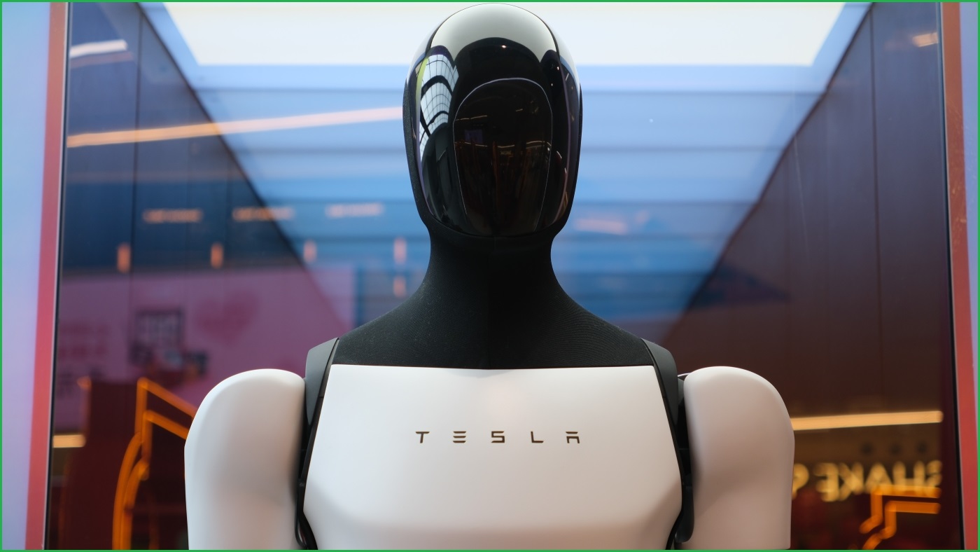 A close up of the front face-area of a Tesla Optimus humanoid robot.