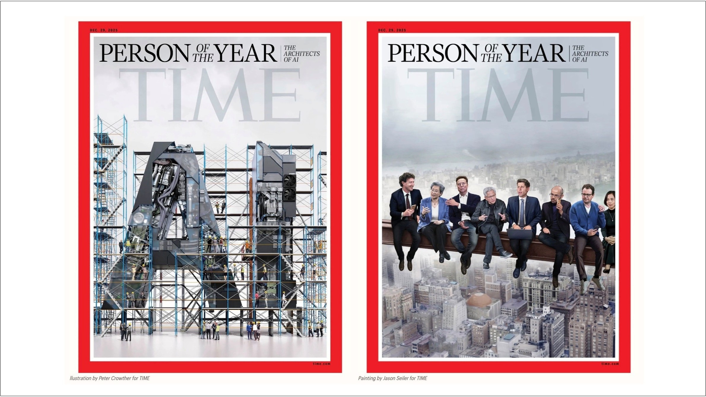 Two side-by-side Time Magazine covers: the first large letters AI, the second a doctored image of people sitting on a metal beam high above a city skyline.