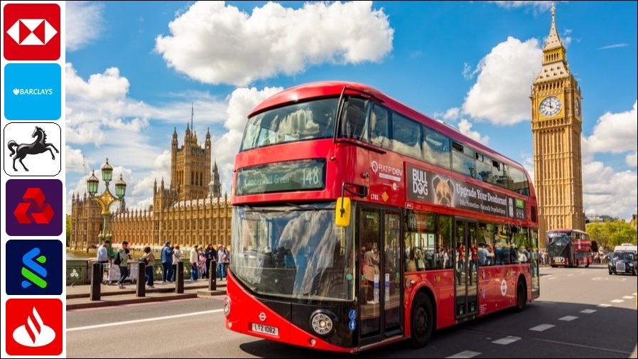 Typical London scene showing red bus, Big Ben, and the logos of the major UK consumer banks.