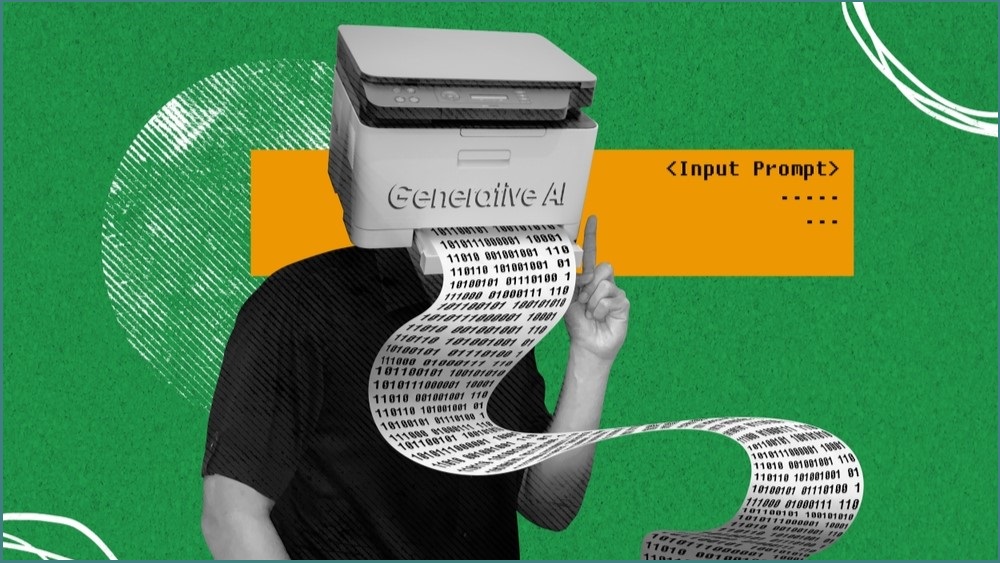 A person with a machine for a head, spewing out paper with nonsense.