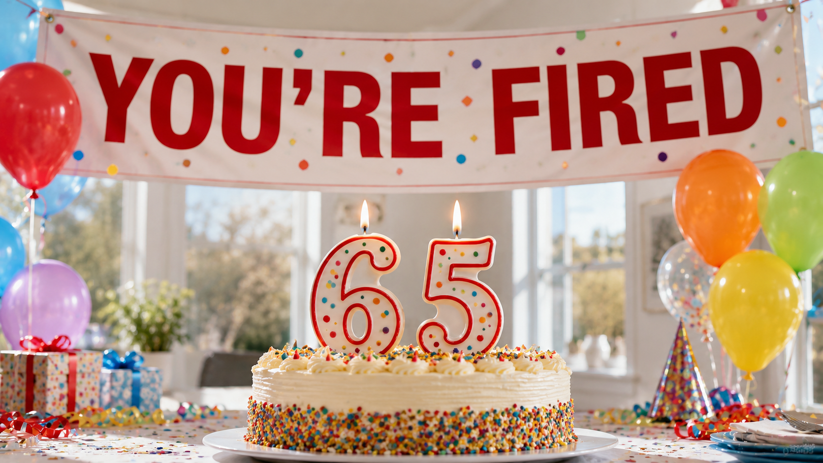 Bitrthday cake with 65 candles, with 'YOU'RE FIRED' banner above.