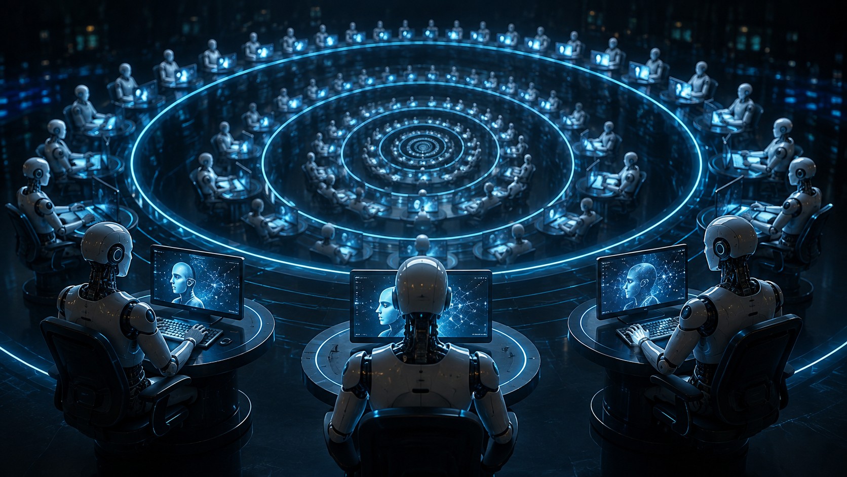 Robots on computers sitting in a loop.