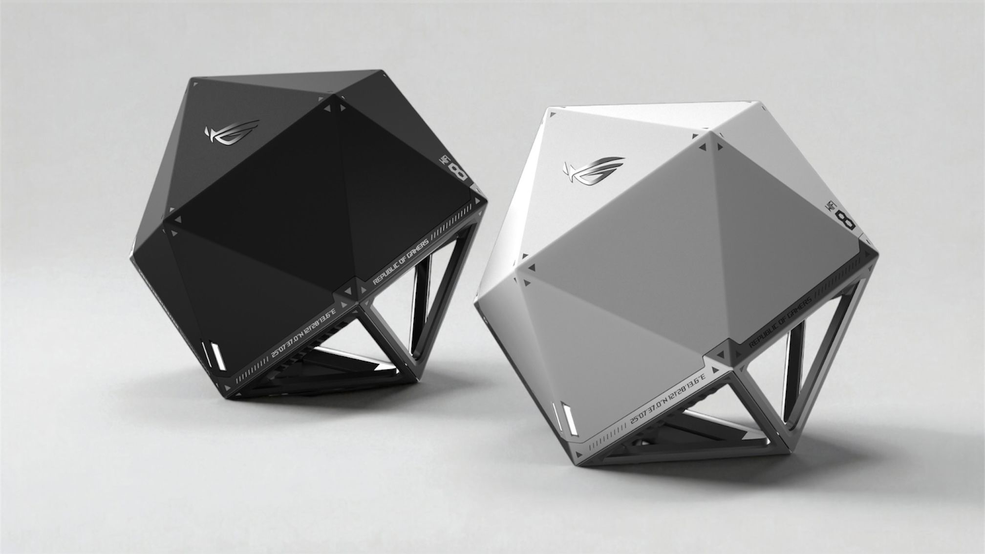 a close up shot of two spherical Wi-Fi router designs, each consisting of flat triangular sections.