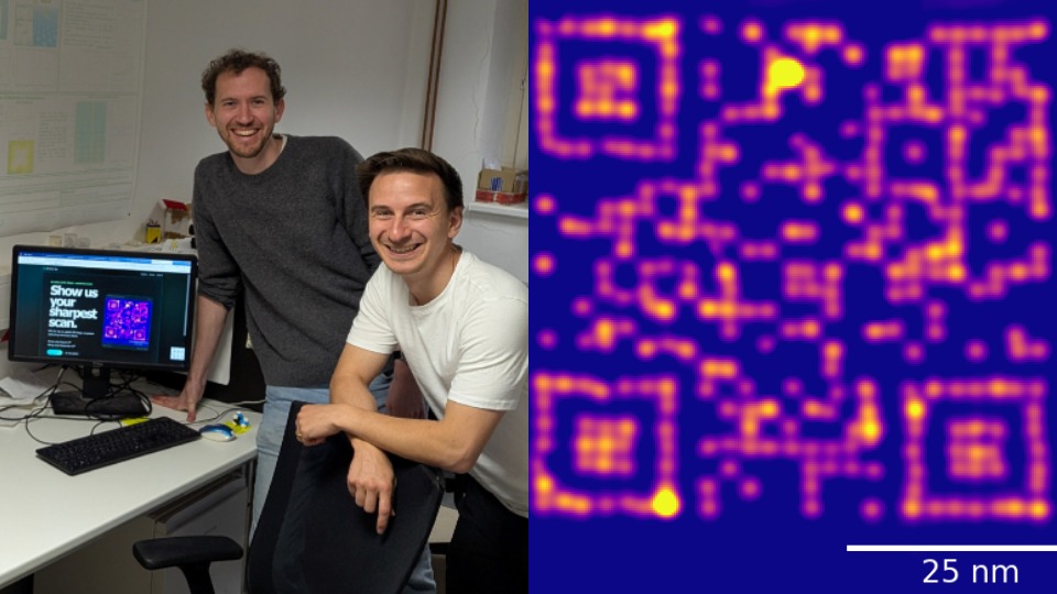 A photo of two men smiling next to a computer screen showing a QR code. A close up of the QR code is next to that image.