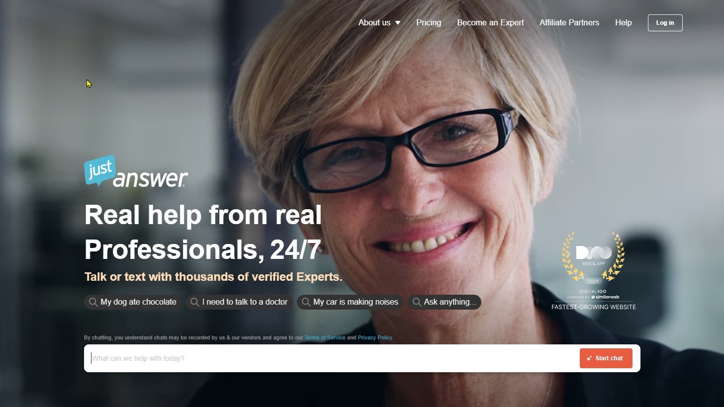JustAnswer home page showing smiling woman.