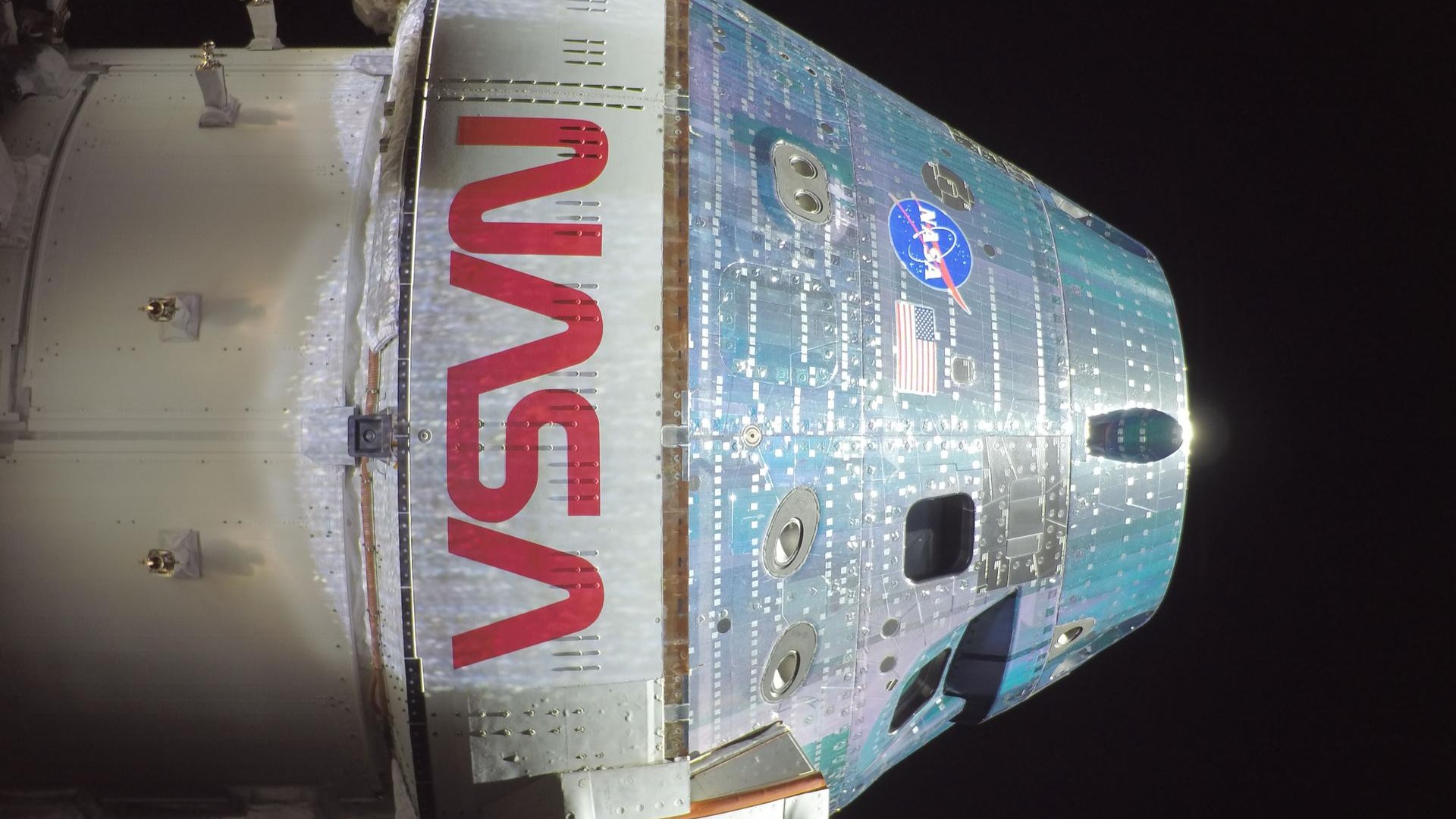 A close up of the NASA Orion spacecraft in space.