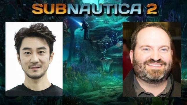 Faces of Changhan Kim and Ted Gill inset on a promo ad for Subnautica 2