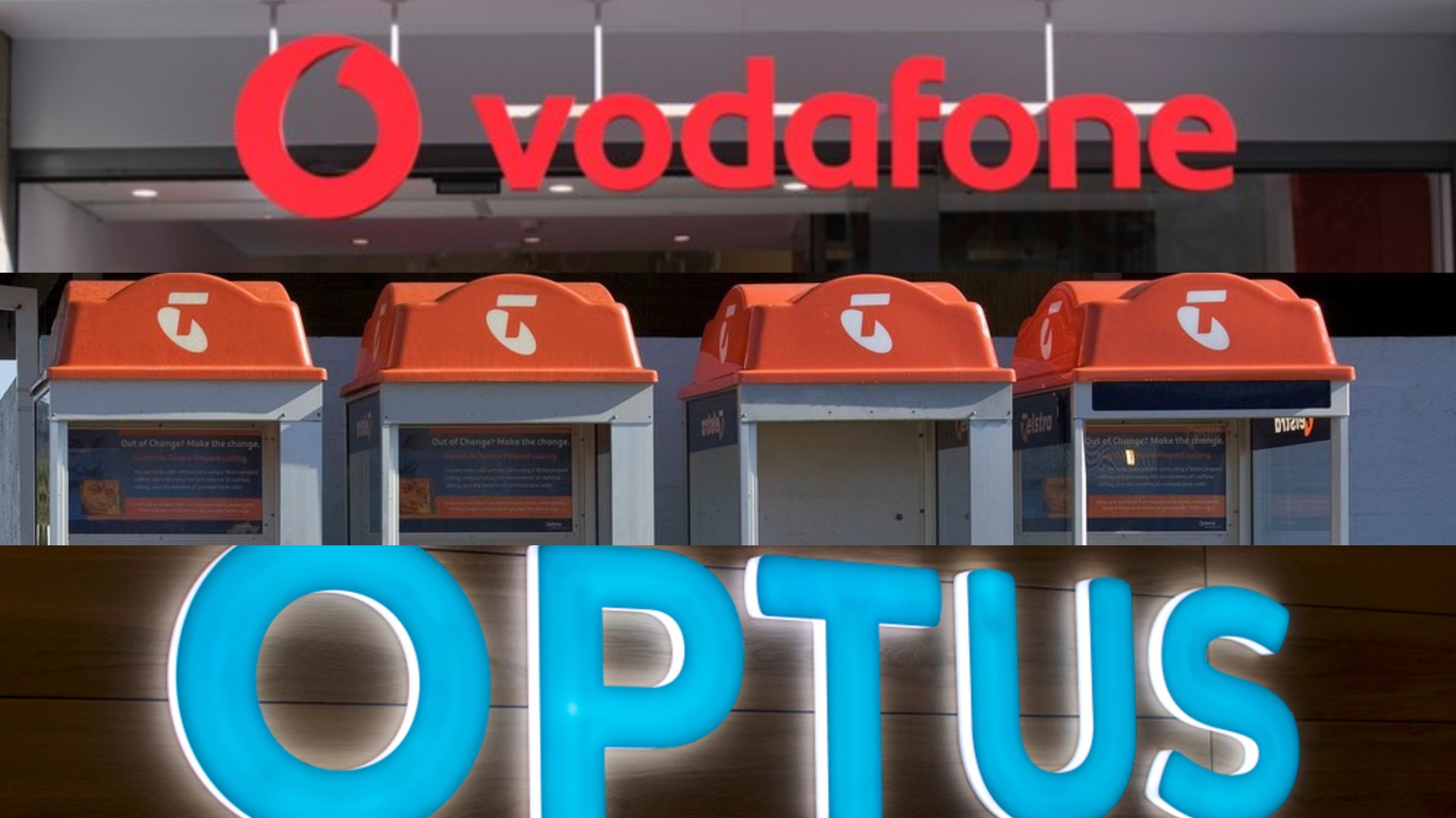 Logos of Vodafone, Telstra, Optus.