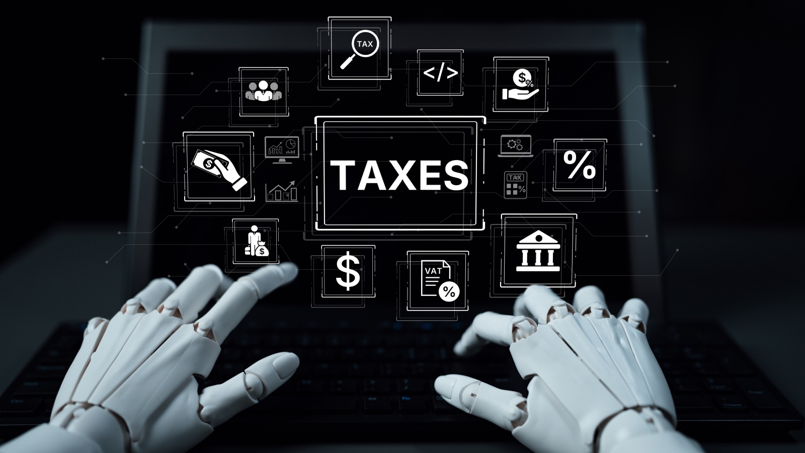 A closeup of robot hands operating a laptop, above which is displayed the word TAXES and symbols reflecting money and government services.