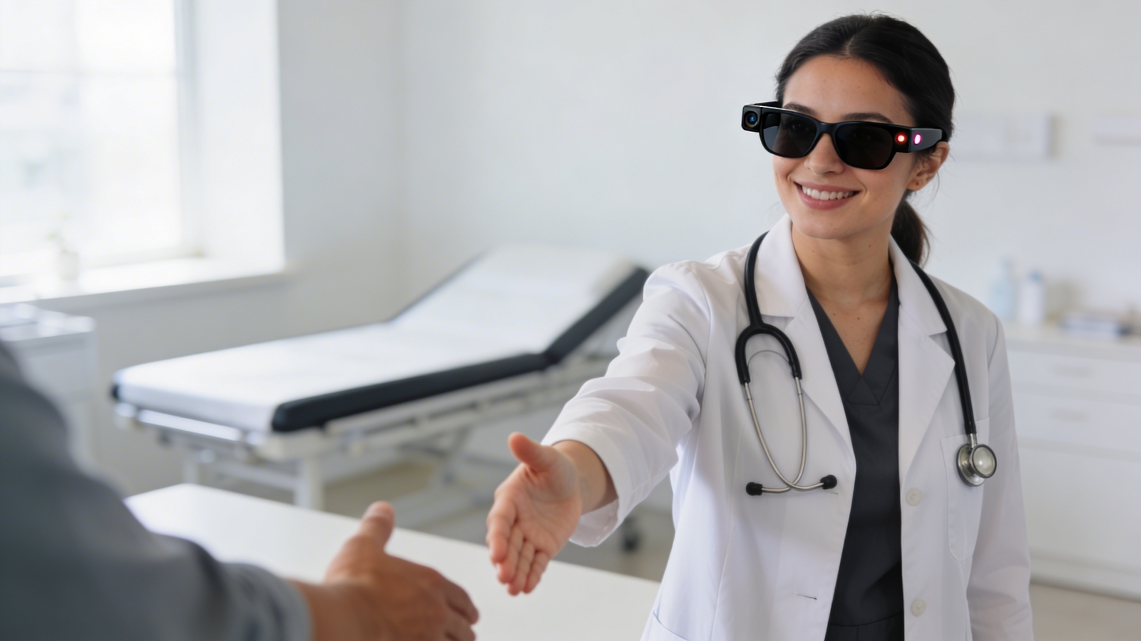 An AI-generated image of a female doctor wearing smart glasses and a stethoscope and shaking hands with a patient.