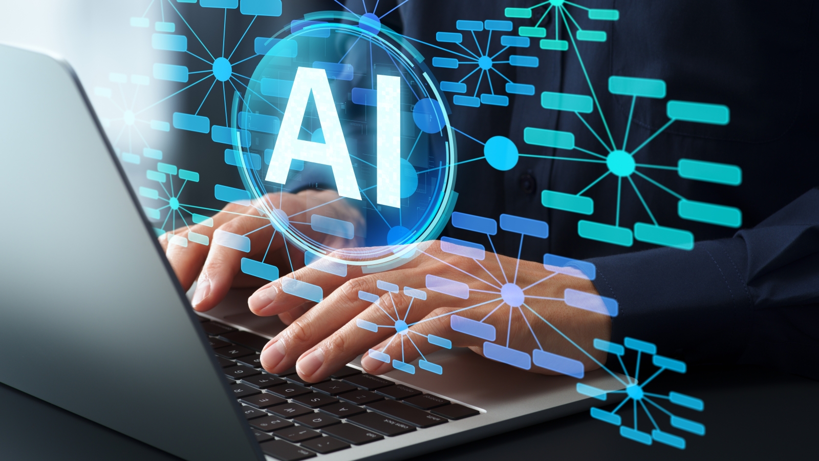 A closeup of hands using a laptop, as a bubble carrying the letters AI float above them.