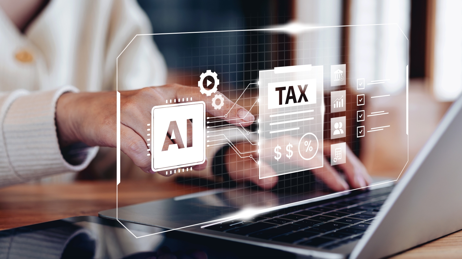 A close up of a person's hands using a laptop, over which floats imagery of an AI computer chip and a tax return.