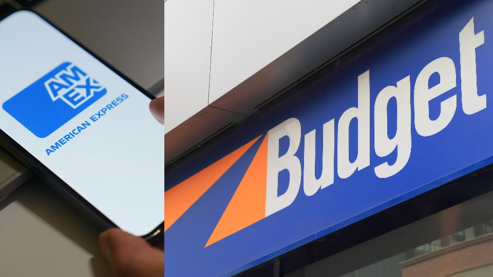 A close up of a smartphone showing the American Express logo. Next to it, a close up of the Budget Car Rental sign on a storefront.