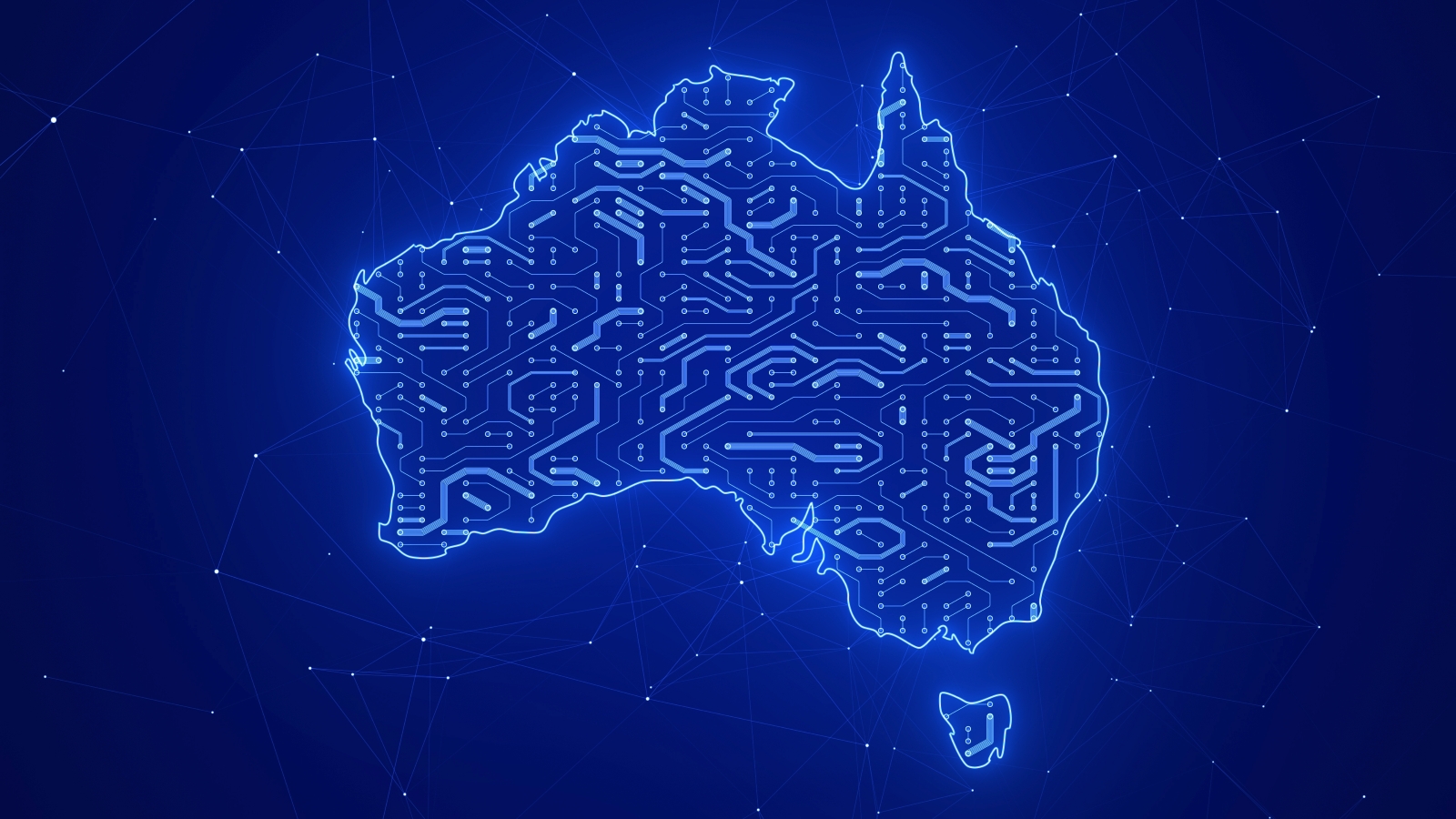 A digital map of Australia with lines inside the country depicting digital circuits