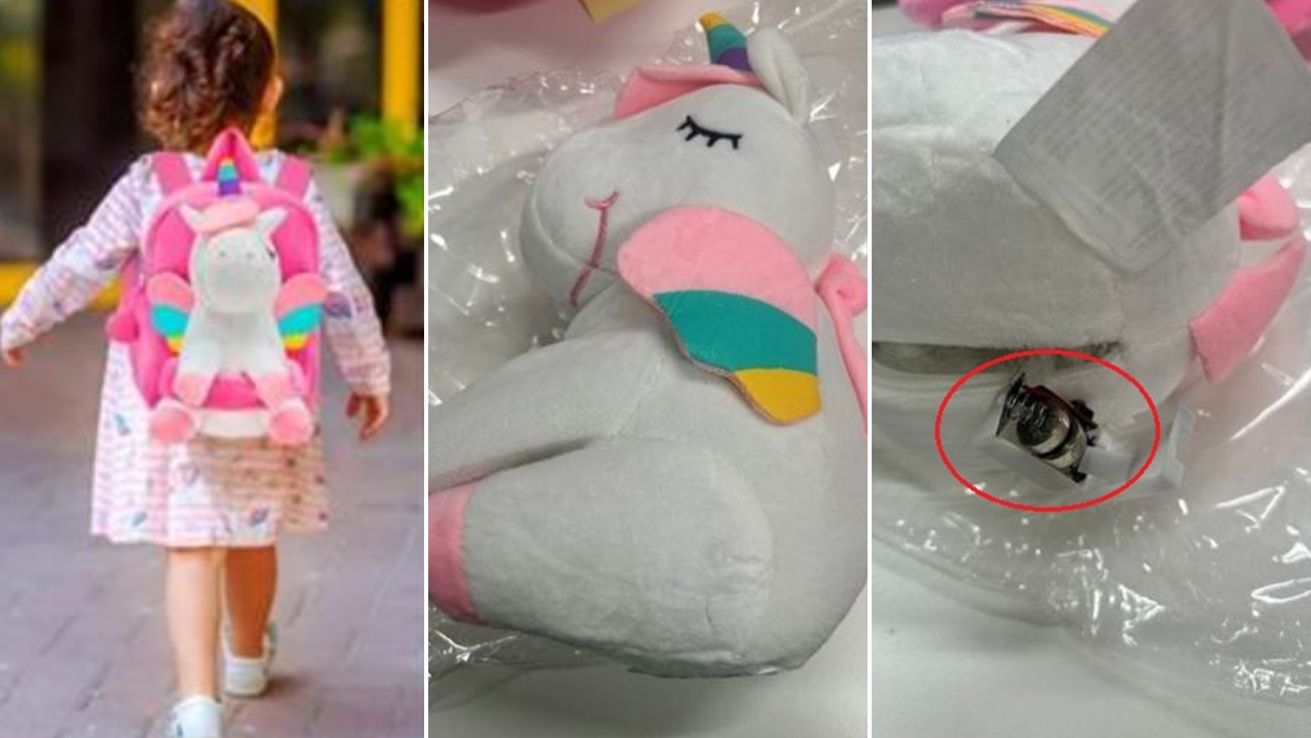 Child wearing the unicorn backpack, plus closeups of the backpack.