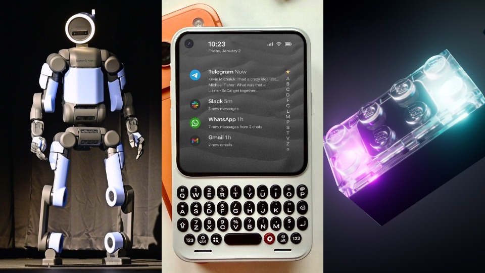 An image of a humanoid robot, next to an image of a smartphone with a physical keyboard, next to an image of an electronic Lego brick