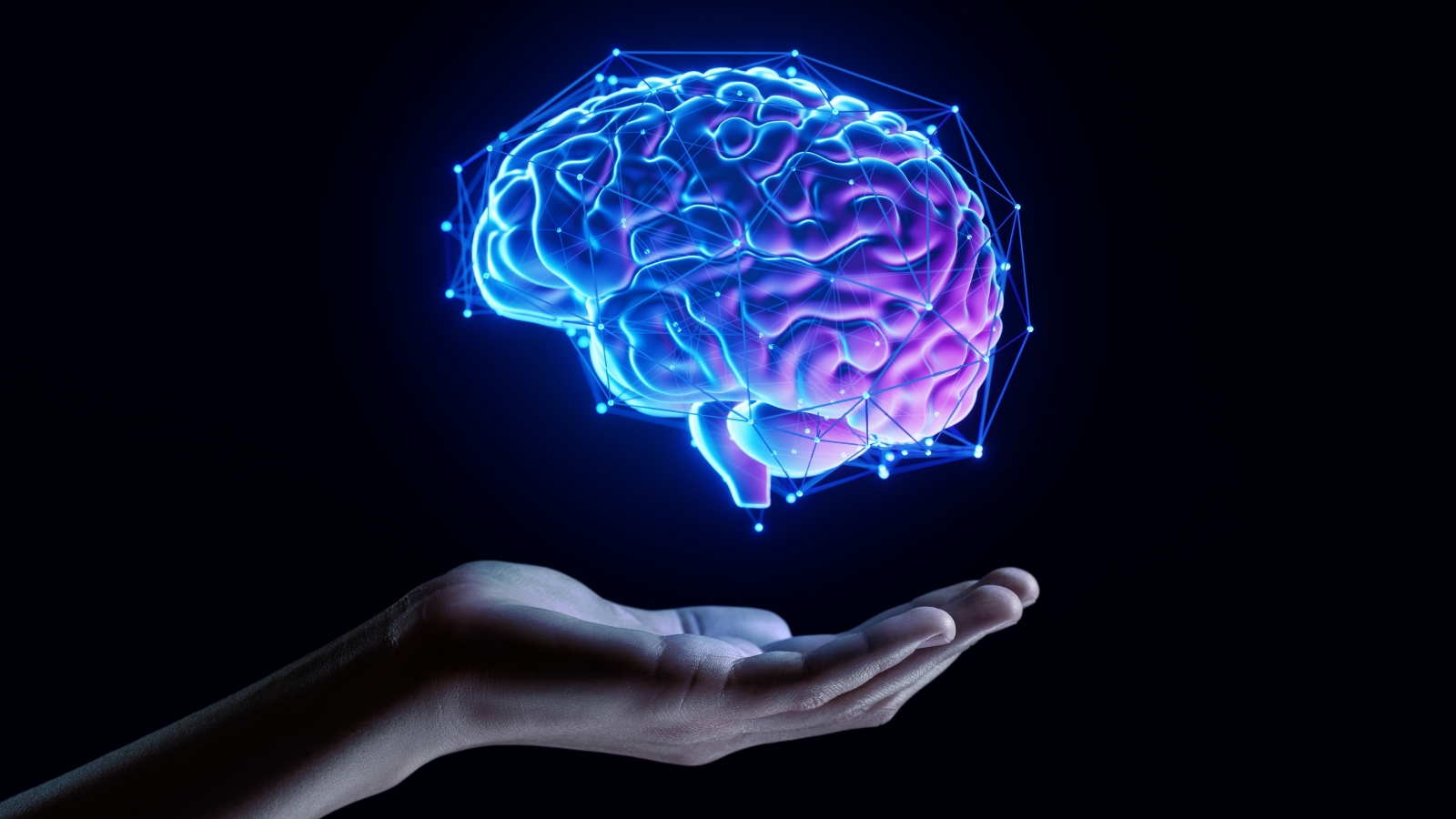 An illustration of a human brain surrounded by straight digital lines, floating above a person's outstretched palm