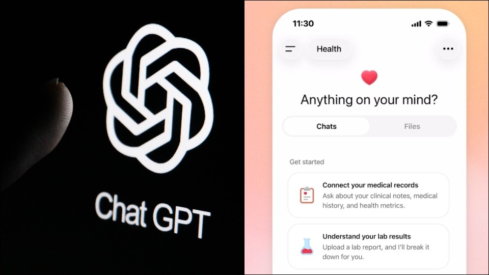 A closeup image of a finger about to tap the ChatGPT logo, next to an image of ChatGPT Health displayed on a smartphone mockup.
