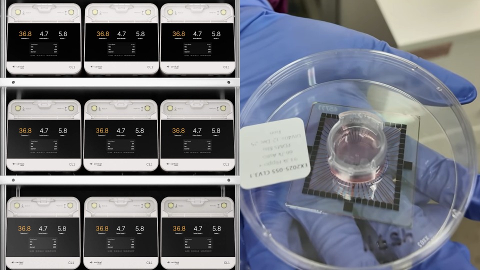 A photo of Cortical Labs CL1 devices in racks, next to a close up of a biological computer chip in a plastic dish.