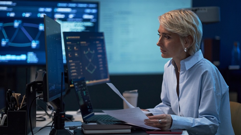 Woman at computer screen.