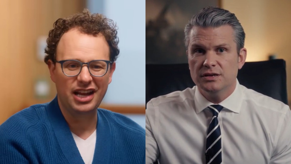A closeup of Dario Amodei speaking and wearing glasses, next to a closeup of Pete Hegseth speaking and wearing a tie.