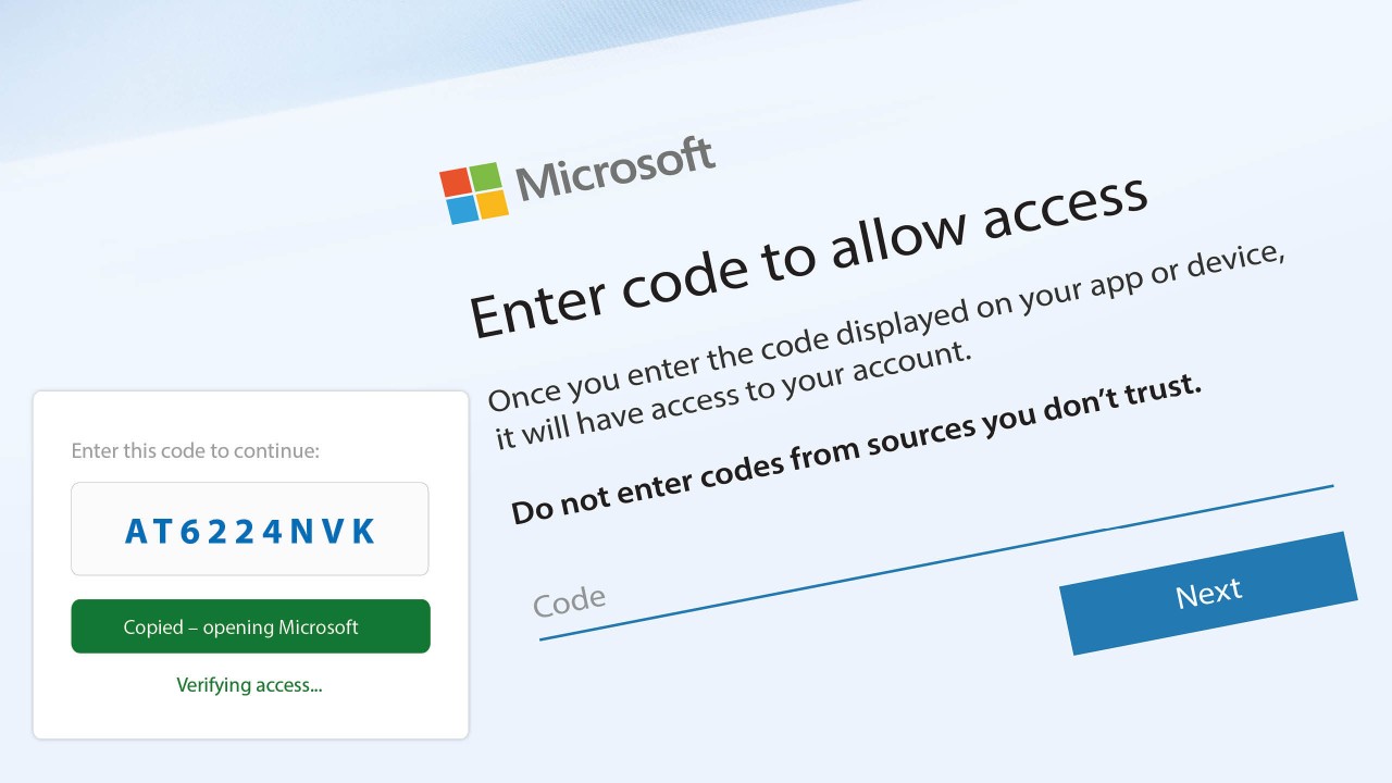 A screenshot of a Microsoft 365 login page, with a device login code.