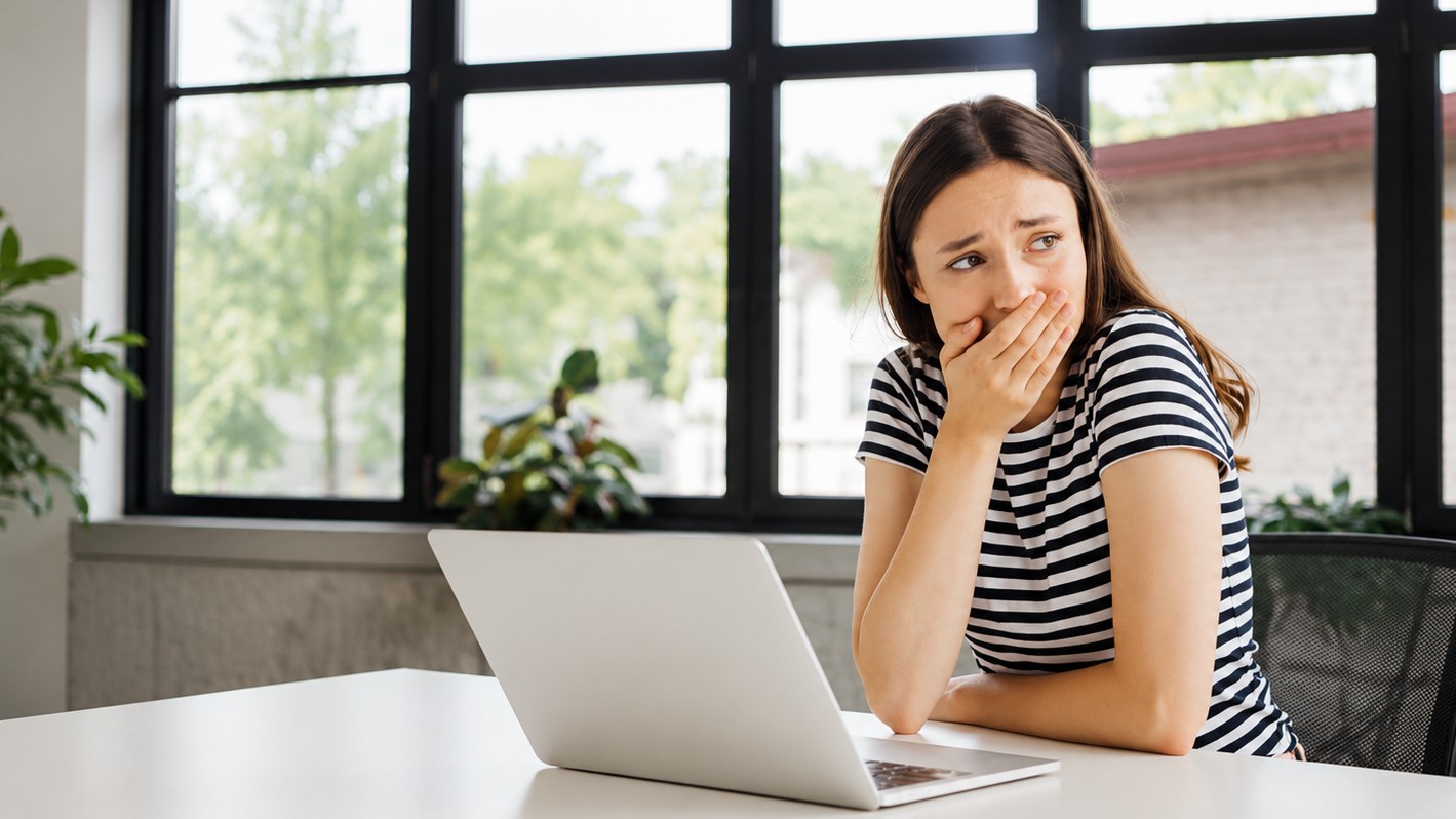 Girl looking scared as she looks away from her laptop.