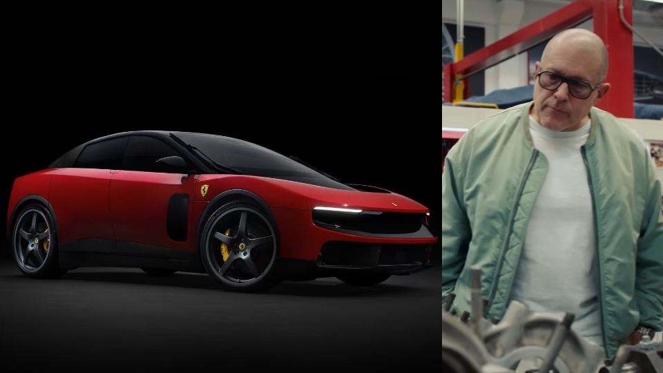 A photo of the Ferrari Luce EV, next to an image of Jony Ive in a Ferrari factory.